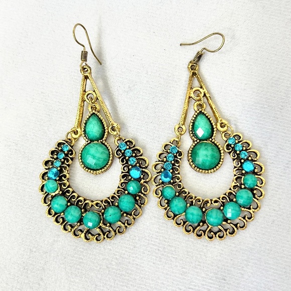 🦕⚜️Turquoise & Gold Antiqued Boho Dangle Drop Hook Earrings ✨NEW!✨ - Picture 6 of 6